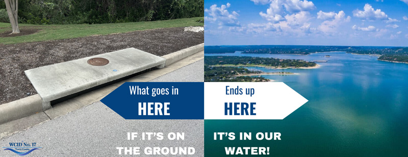 Colorful infographic illustrating the flow of stormwater through neighborhoods, emphasizing pollution sources like lawn chemicals, pet waste, and motor oil, and promoting clean water practices such as proper disposal and using rain gardens