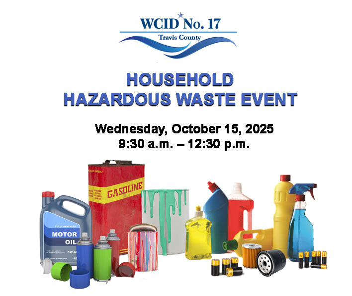 Household hazardous waste items including paint cans, batteries, light bulbs, and cleaning supplies arranged on a table.