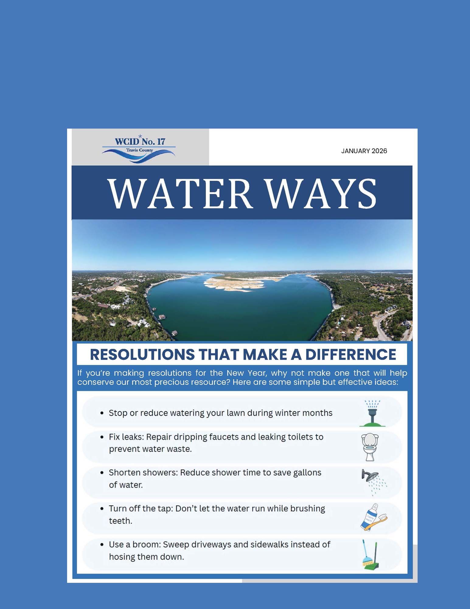 WCID No. 17 Water Ways newsletter highlighting water-saving resolutions and conservation tips for the community.