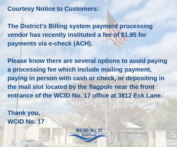 Courtesy notice informing customers of a $1.95 fee for e-check (ACH) payments and listing alternative payment options to avoid the fee.